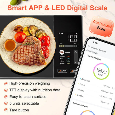 Kitchen Food Scale With Nutritional Calculator And Calorie Fat Carbs Protein Tracker, Free App, Barcode Scan, On Screen Nutrient Display
