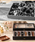 Premium Two Tier Black Belt Organizer With Spacious Drawer For Bedroom Closets To Keep Your Threads And Bling Neatly Sorted Without Stress, showing organized belts and accessories.
