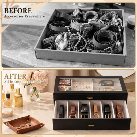 Premium Two Tier Black Belt Organizer With Spacious Drawer For Bedroom Closets To Keep Your Threads And Bling Neatly Sorted Without Stress, showing organized belts and accessories.