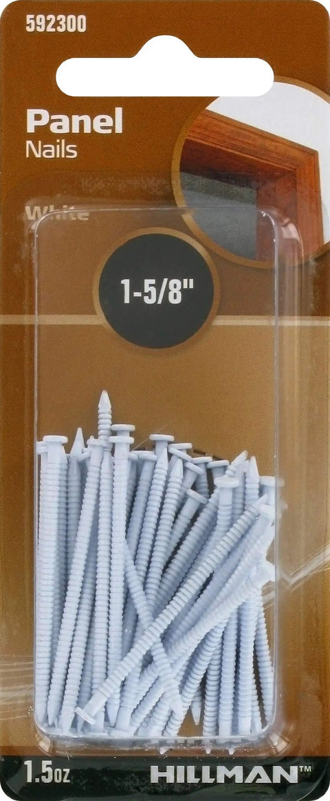 Bulletproof Ringed Shank Panel Nails For Wood Trim And Craft Projects White Steel Finish in 1.5 oz pack, ideal for DIY projects.