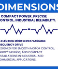 Text graphic describing LS Electric M100 Series Variable Frequency Drive features compact power and precise control.