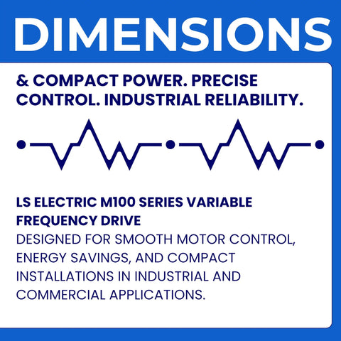 Text graphic describing LS Electric M100 Series Variable Frequency Drive features compact power and precise control.