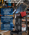 Beefy 3 Tier Welding Cart With 360 Degree Swivel Wheels, black cart with welder and chains in workshop setting