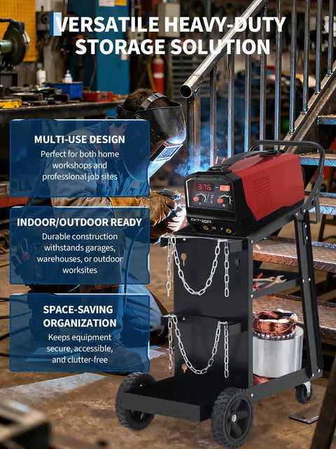 Beefy 3 Tier Welding Cart With 360 Degree Swivel Wheels, black cart with welder and chains in workshop setting