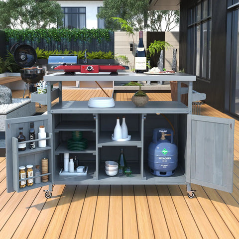 Outdoor Grill Cart With Storage And Rolling Bar Cart, Lockable Wheels; farmhouse wood design with shelves and spice rack