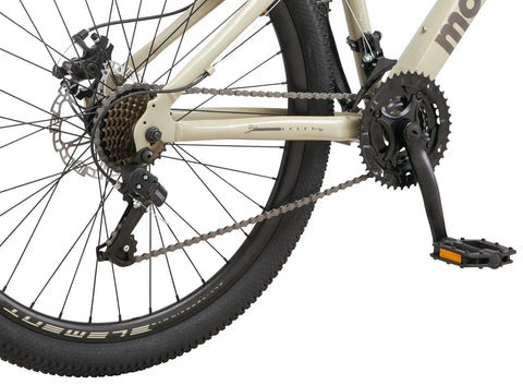 Close-up of Grafton 26 Inch Mountain Bike For Adults With 21 Speed Aluminum Hardtail Frame showing rear wheel and gear system