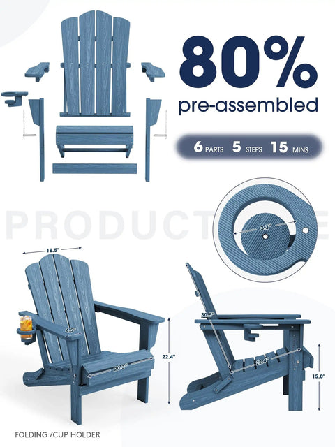 Folding Adirondack Chair With Hidden Cup Holder, All Weather HDPE Patio Seating For Poolside And Backyard, Navy Wood Grain Texture