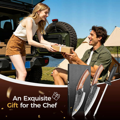 Hand Forged Japanese Chef Knife Set 3 Piece Kitchen Knife Bundle With Viking Chef Knife displayed with gift box outdoors.