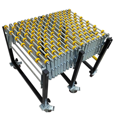 Compact view of unpowered portable flexible conveyor expandable from 31.5 to 118 inches with height adjustable 29.5 to 45.3 inches