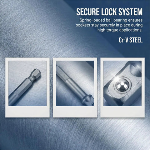 Heavy Duty Impact Socket Adapter Set showing secure lock system with Cr-V steel construction and spring-loaded bearing.
