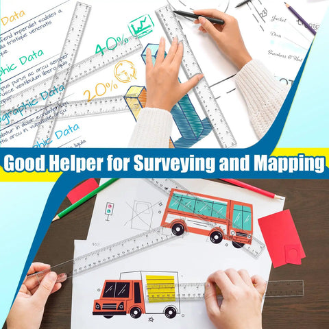 Hands using 32 Pack Clear Rulers 12 Inch Dual Side Measuring Tools With Centimeters And Millimeters for drawing and measurement tasks.