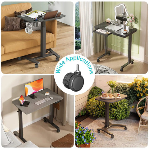 Top Shelf Standing Desk Casters With Lockable M8 Stem Rollers Built For Heavy Loads showcased on multiple tables in diverse settings.