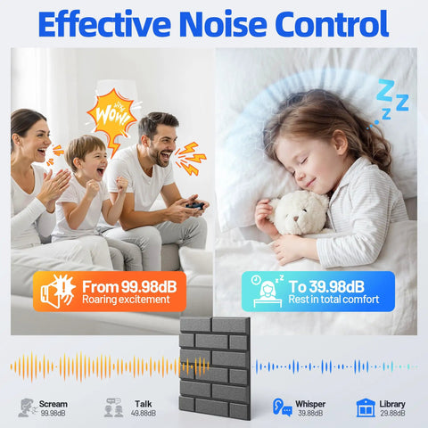 Game Changing High Density Self Adhesive Acoustic Panels And Sound Proof Foam Wall Tiles displayed with noise level comparison and children sleeping.