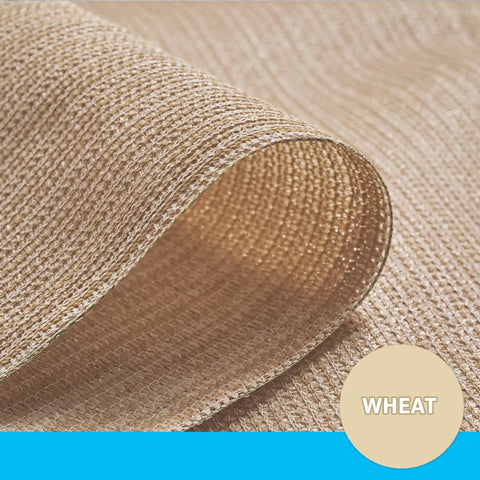 Close-up of Ninety Percent UV Blocking Heavy Duty Outdoor Shade Fabric in Wheat, breathable HDPE material, rolled edge detail view.