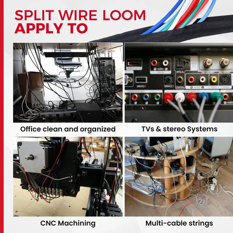 Images of wire setups showing uses for Braided Wire Loom Kit For Automotive Wires One Half Inch Split Cable Sleeve Mesh Protector.