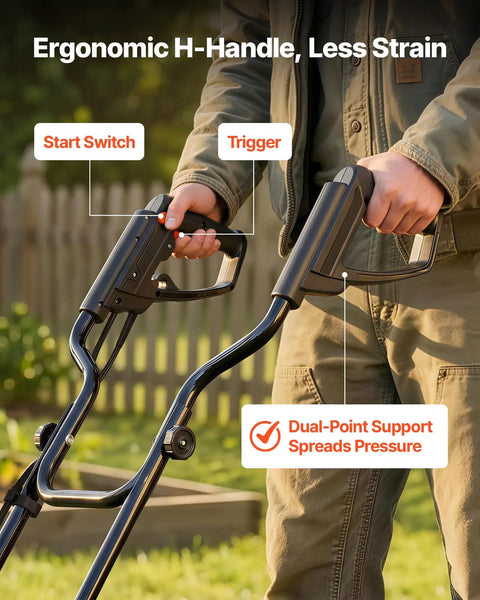 Person using ergonomic handle on Corded Electric Tiller With 18 Inch Tilling Width, 13.5 Amp Heavy Duty Rototiller Cultivator