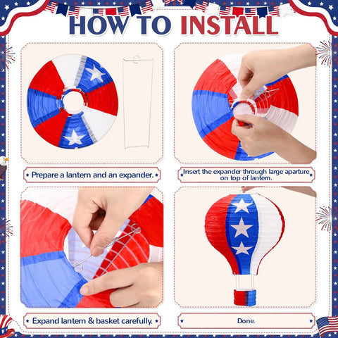 Instructional guide for assembling 20 Pack July 4th Decor Set Red White Blue Hot Air Balloon Lanterns For Outdoor Patriotic Party Independence Day Yard Decor Reusable Paper Lanterns Perfect For Memorial Day Festivities And Epic Porch Celebrations.