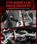 Pro Grade Thread Repair Kit For Home Or Garage Includes Taps Dies Thread Files And Gauges To Clean Rethread And Restore UNC UNF And Metric Threads In Common Sizes Like One Fourth Three Eighths Five Sixteenths One Half Five Eighths And Nine Sixteenths showing 61-piece metric and SAE thread chaser set in use