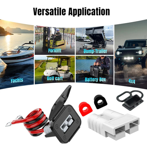 Battery Quick Disconnect Connector Kit With 8 AWG Wire Harness For Anderson Style Connectors, Easy Install Cable Plug For Car Winch, Trailer And Forklift, 600V Max, 50 Amp Capacity. kit for yacht, forklift, dump trailer, golf cart, battery box and 4x4