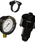 Front view of pool filter relief valve kit with pressure gauge, brass outlet, and black high-flow valve body with clamp.