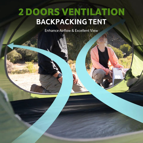 Bleik-A 2 To 3 Person Camping Tent With Waterproof Double Layer showing ventilation system and two people inside