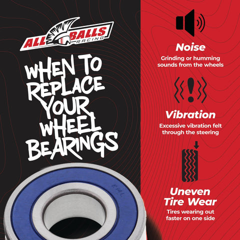 All Balls Racing logo with wheel bearing image highlighting signs for wheel bearing replacement such as noise, vibration, uneven tire wear.