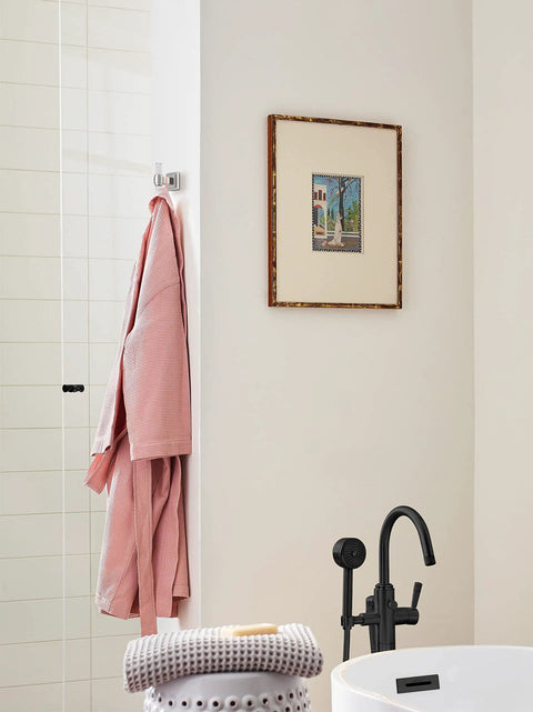 Bathroom with Glacio Clear Chrome Single Robe Hook Towel Holder about 3 inch long, holding a pink robe