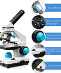 Monocular Compound Microscope Kit For Students And Adults With Dual LED Illumination, 40X To 2000X Magnification shown with features.