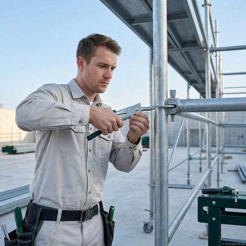 Worker using 630-Piece Pop Rivets Assortment Kit with Aluminum Blind Rivets and Steel Mandrel on metal scaffolding