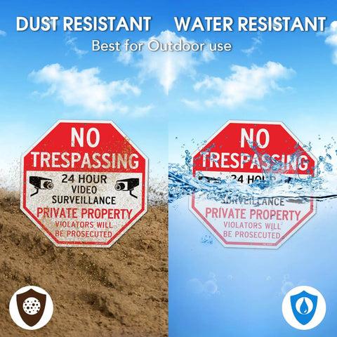 Keep Your Property Locked Tight With These Straight Up Heavy Duty No Trespassing Signs And Video Surveillance Notices showing dust resistant and water resistant signs.