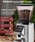 Level Up Your Daily Cup With This Rock Solid Conical Burr Coffee Grinder Packing 48 Precision Settings And Butter Smooth Electric Grinding For Fresh Espresso To French Press Perfection In Sleek Silver showing 40mm conical burr grinder with coffee beans.