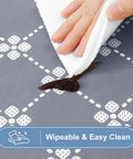 Close-up wiping spill on Rectangular Vinyl Table Cloth With Elastic Fitted Edges And Flannel Backing, Waterproof, Stain Resistant, Gray