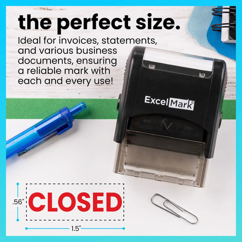 Heavy Duty Self Inking Rubber Office Stamp Printing Crisp Closed Messages In Bold Red Ink With A Quick Swap Replaceable Pad on a desk.