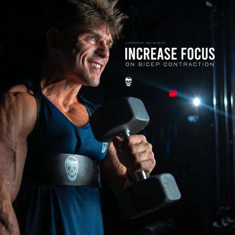 Man using Arm Blaster For Bigger Biceps With Thick Aluminum Build Contoured Padded Edges Adjustable Elbow Posture Support in gym.