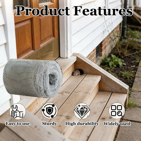 Roll of mesh by house door representing Mice Proofing Kit No Fuss With Steel Wool 0000 And Stainless Mesh, stairs shown