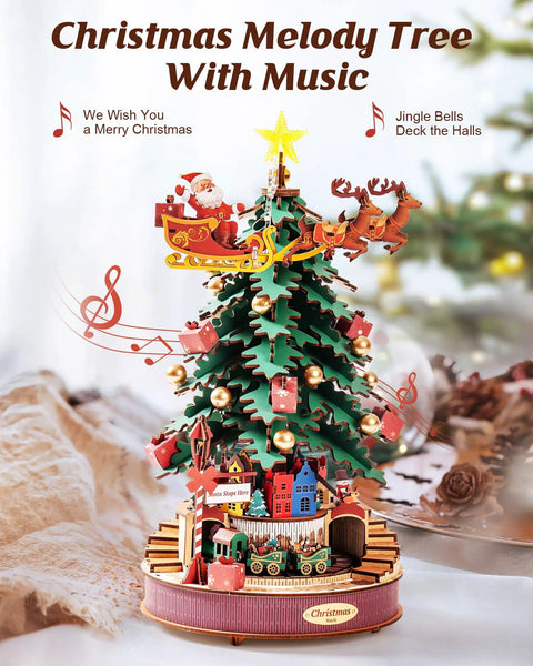 3D Puzzles For Adults Awesome Wooden Music Box Christmas Melody Tree 319 Piece Model Building Kit, Santa sleigh display