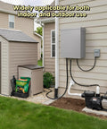 Heavy Duty 10x8x6 Inch Metal Outdoor Electrical Box IP66 Waterproof Lockable Enclosure Built With 1.5mm Cold Rolled Steel Plate Heavy Duty Construction Rust Resistant Weatherproof Junction Box With Locking Lid For Outdoor Electrical Installations. Outdoor wall-mounted electrical box near a house and pump.