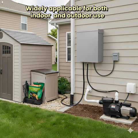 Heavy Duty 10x8x6 Inch Metal Outdoor Electrical Box IP66 Waterproof Lockable Enclosure Built With 1.5mm Cold Rolled Steel Plate Heavy Duty Construction Rust Resistant Weatherproof Junction Box With Locking Lid For Outdoor Electrical Installations. Outdoor wall-mounted electrical box near a house and pump.