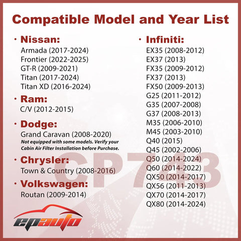 Compatible model list for Cabin Air Filter Replacement For Infiniti And Nissan Vehicles Fits Q50 Q60 QX80 EX35 FX35 G37 G25.