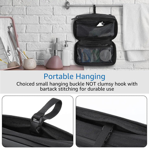 Compact Mens Toiletry Bag Hanging Dopp Kit for Travel waterproof pouch hanging open in bathroom