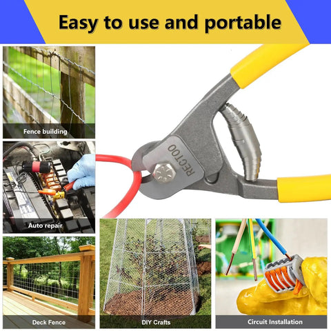 Heavy Duty 8 Inch Wire Cutter For Stainless Steel Wire Rope Up To One Quarter Inch Precision Clean Cuts Without Fraying shown with usage examples in fence building and auto repair.