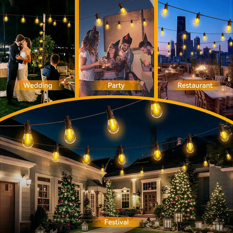 Outdoor String Lights 50 Ft Waterproof Patio Led With 15 S14 Edison Bulbs Remote Dimmable Connectable hanging at events
