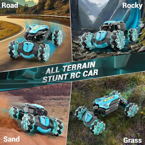 Gesture Sensing RC Stunt Car with Remote and Wristband Control on road, rocky, sand, and grass terrains, 4WD, 360 spins, drifts, lights.