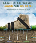 Heavy Duty Lawn Aerator Shoes With Metal Buckles on soil, showing 13 spikes per shoe for deep soil aeration and turf health