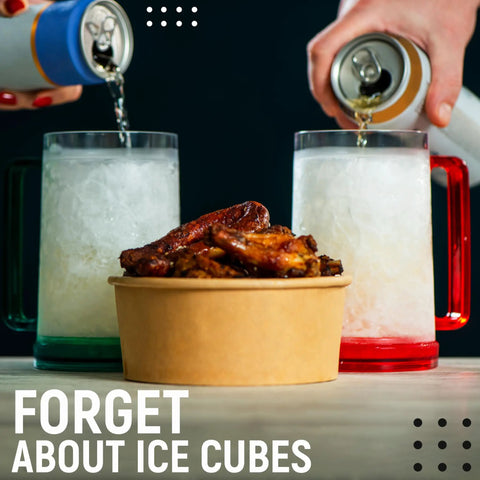 Grab This Pack Of Four 16 Oz Freezer Beer Mugs With Bright Color Coded Handles Shatter Resistant Acrylic Frosty Insulated Barware For Poolside Chilling Backyard Cookouts And Game Day Vibes with beverages and wings.