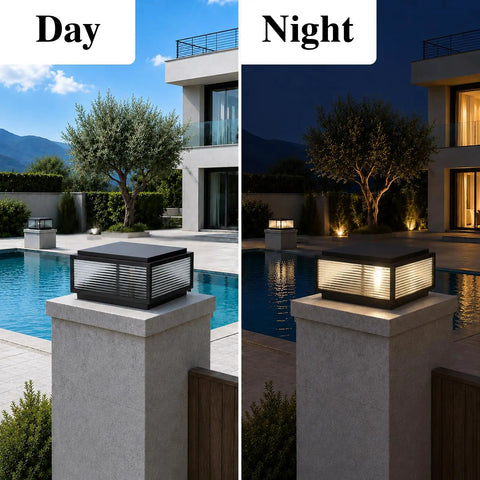 Level Up Your Curb Game With This Badass Outdoor Porch Lamp Post Light Featuring A Large Black Gate Column Pillar Design Built Tough For Weatherproof Pathway Vibes Classic Carriage Styling in day and night settings.