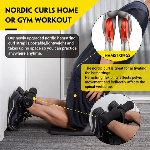 Person using hamstring curl strap with built-in fitness knee mat for home gym, performing exercise on floor