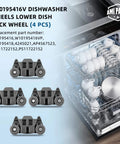 Lower Dishwasher Rack Wheel Kit W10195416V W10195416 4245021 AP4567523 Replacement Wheels for KitchenAid Kenmore Maytag shown with open dishwasher