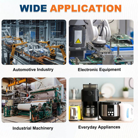 Collage showing wide application of bearings in automotive, electronic, industrial machinery, and everyday appliances.