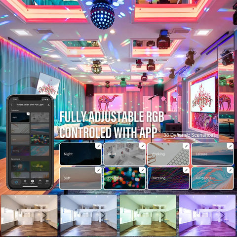 6 Inch LED Smart Recessed Pot Light Square Quad Pack with WiFi App displaying RGB lighting options in a colorful room.